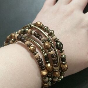 Gold Tone Copper Brown Beaded Multi Wrap Memory Wire Statement Bracelet